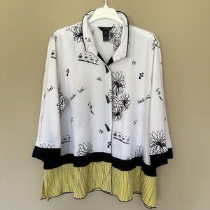 Ali Miles 1X Tunic Button Shirt Blouse Artsy Floral Top Yellow White Spring Summ